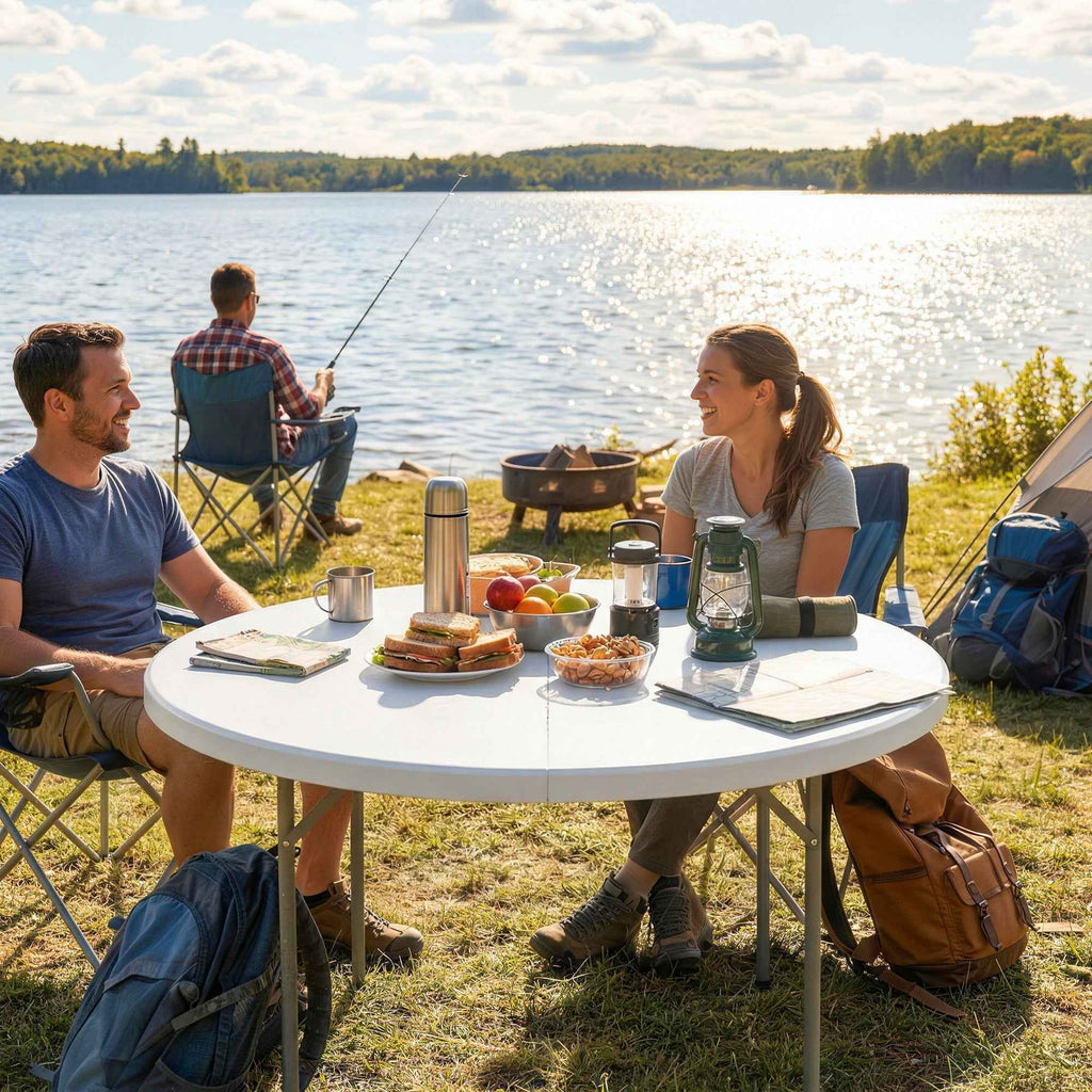 Outsunny Round Folding Camping Table in Metal and HDPE, 120x120x74 cm, White