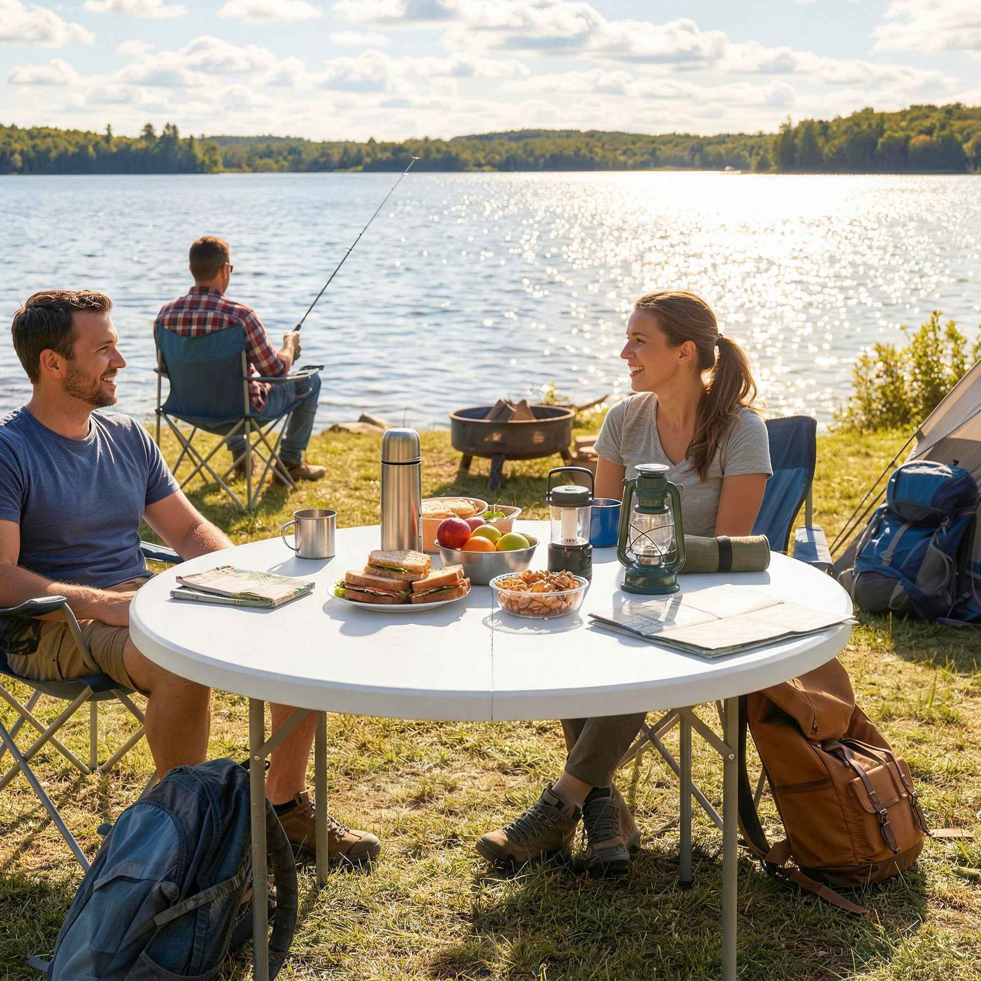 Outsunny Round Folding Camping Table in Metal and HDPE, 120x120x74 cm, White