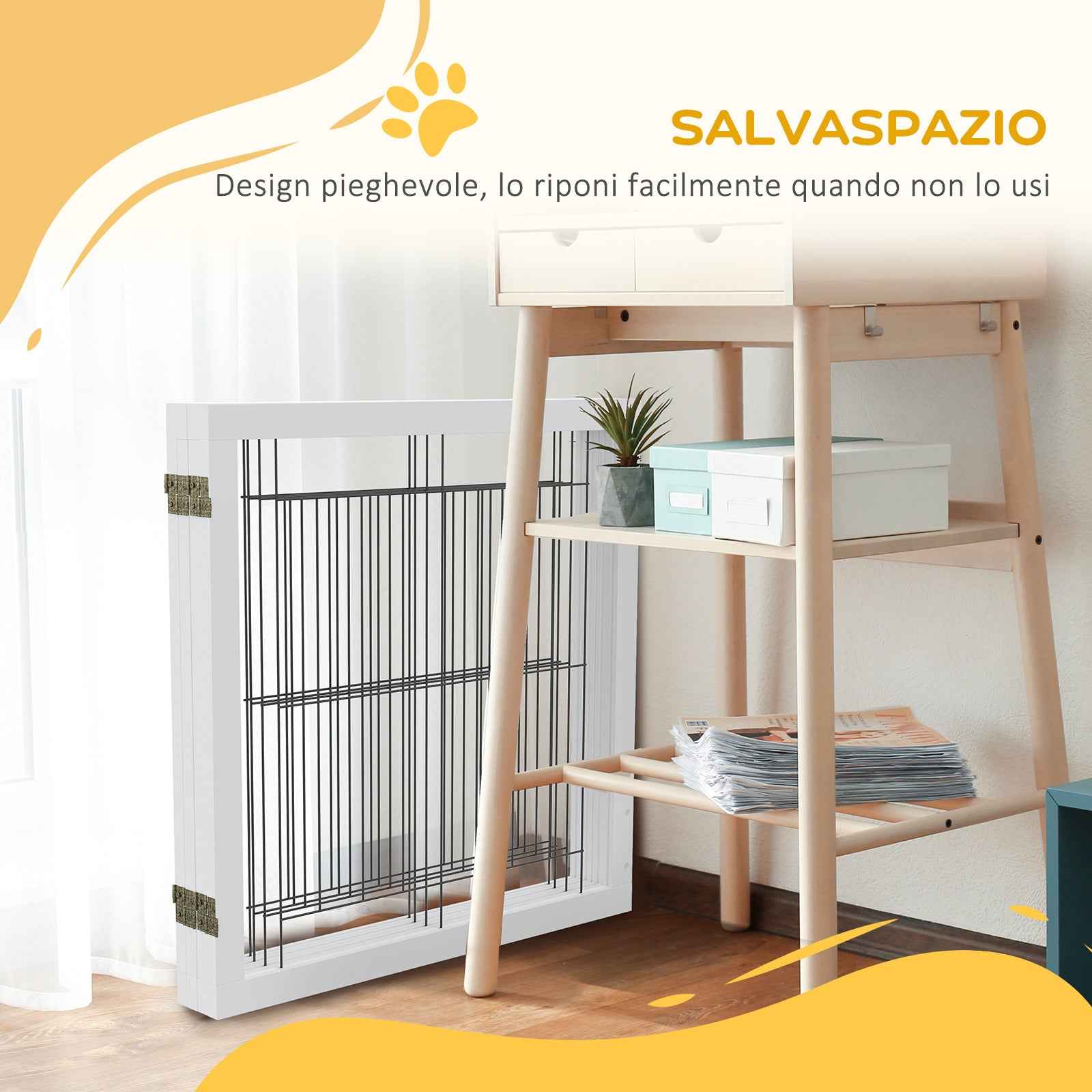 PawHut Folding Dog Gate with 4 Panels and Triangular Feet, 280x70 cm, White