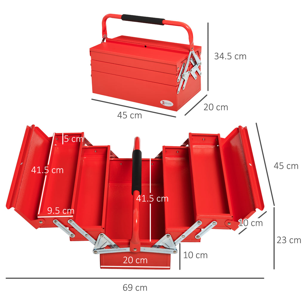 Folding Metal Tool Box with 5 Trays, 3 Shelves, Red