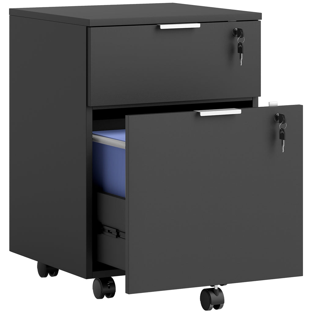 HOMCOM Office Filing Cabinet with 2 Drawers, Lockable, Braked Wheels, for A4/Legal Size, 42x40x60 cm, Black