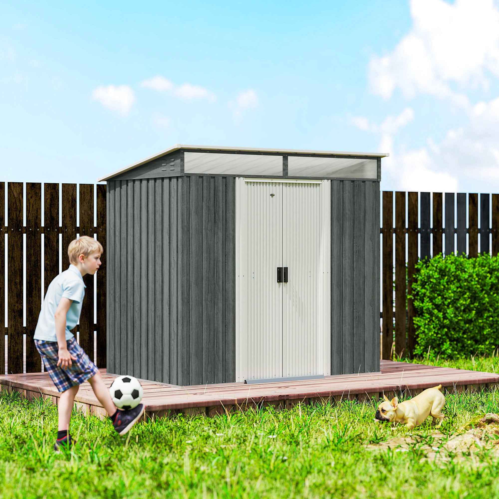 Outsunny Garden Shed with Sliding Doors and Steel Flooring, 195x122x181.5 cm, Light Grey
