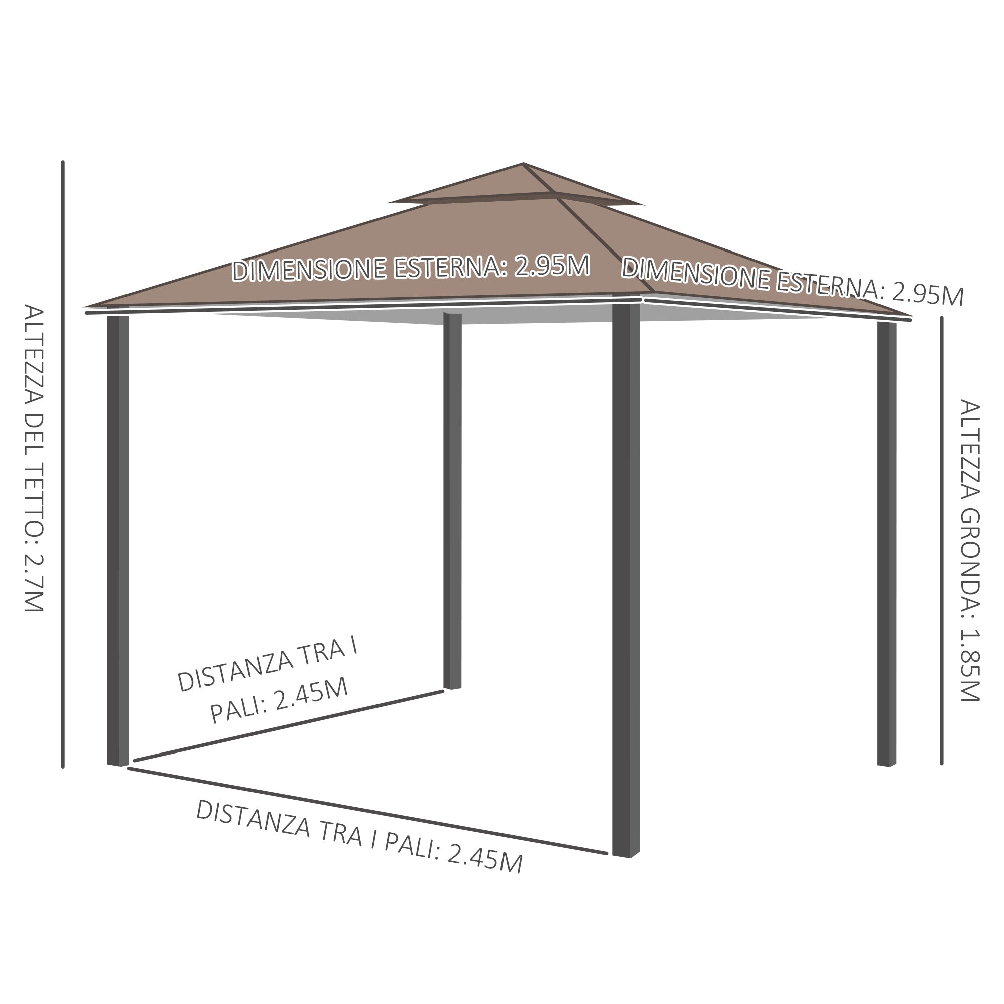 3x3m Garden Gazebo with Mosquito Net, Two-Tier Roof and Brown Metal Frame