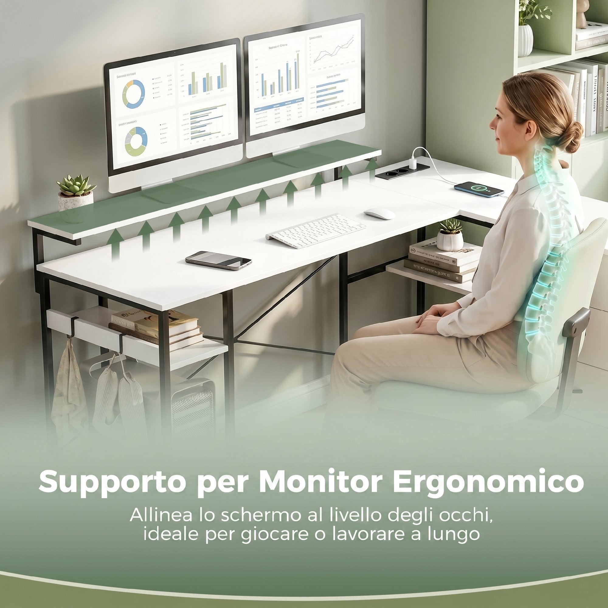 HOMCOM Corner Desk with Sockets, 4 Fabric Drawers, Monitor Riser and 2 Hooks, 155x112x85.5-91.5 cm, Black and White