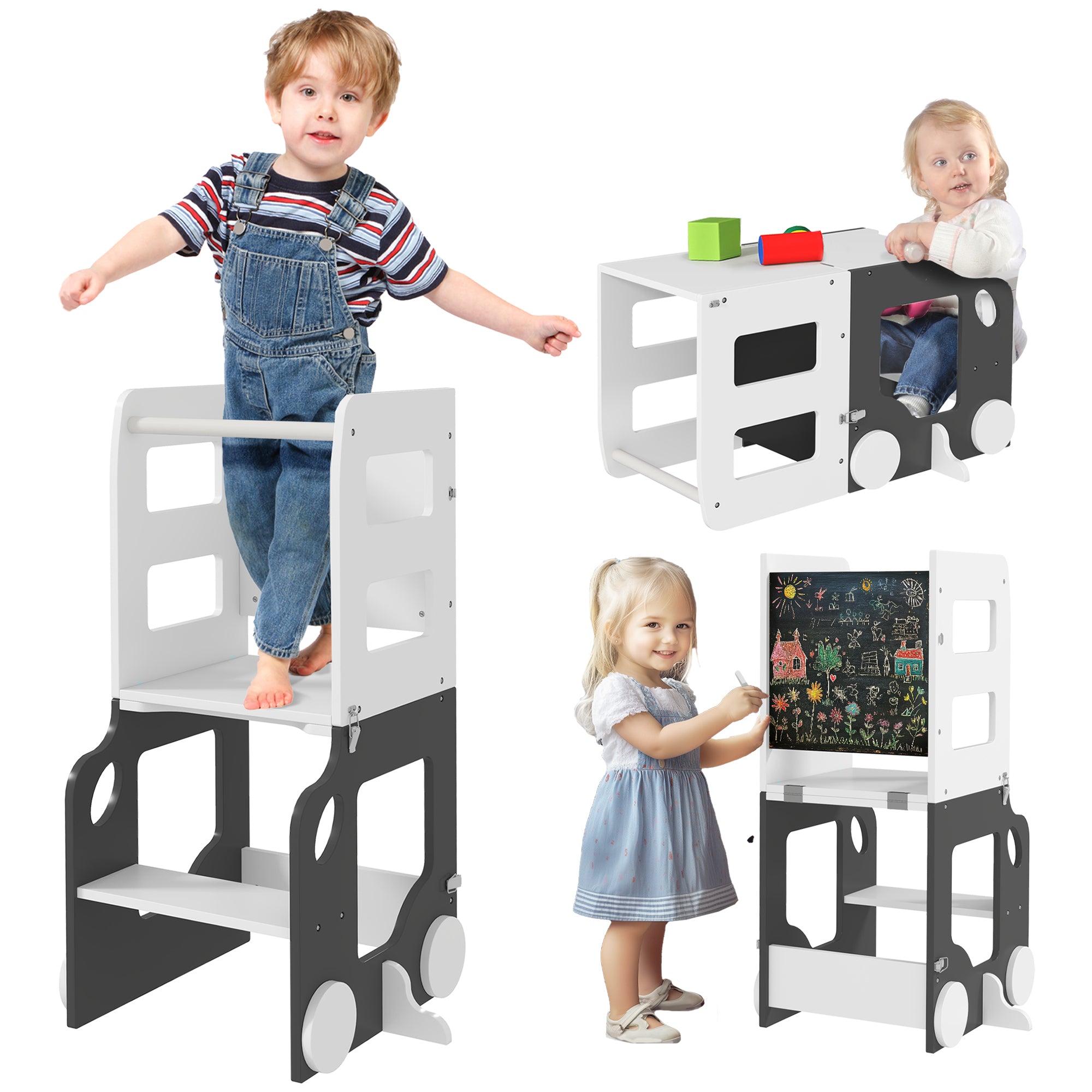 4-in-1 Montessori Ladder for Children with 2 Blackboards and Table and Chair Set, Wooden, 58x46x92 cm, White