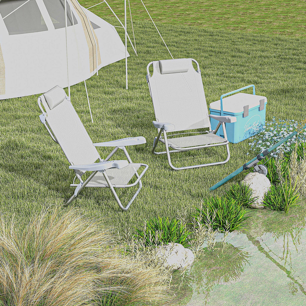 Set of 2 Folding and Reclining Camping Chairs on 6 Levels, in Aluminum and Foam, 62x65x80 cm, Light Gray
