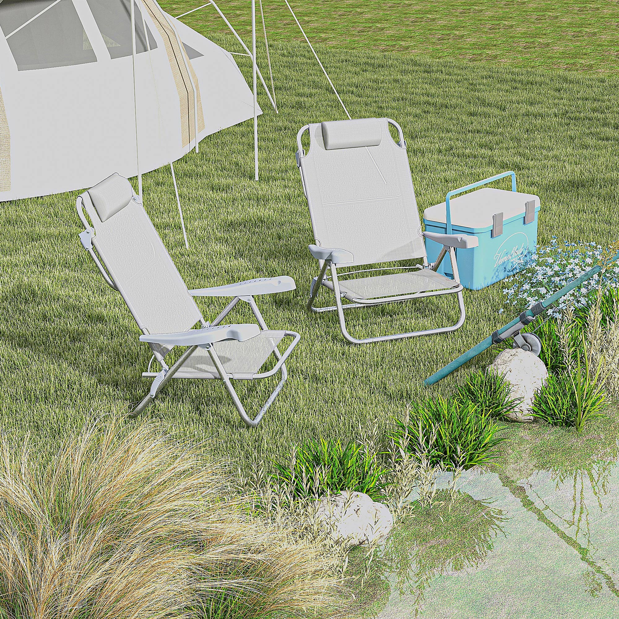 Set of 2 Folding and Reclining Camping Chairs on 6 Levels, in Aluminum and Foam, 62x65x80 cm, Light Gray
