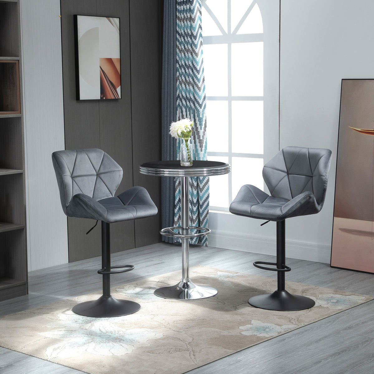 HOMCOM Set of 2 Velvet Bar Stools with Adjustable Height, Swivel Kitchen Stools with Backrest and Footrest, Grey