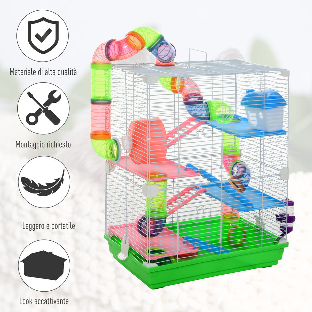 PawHut 5-Tier Hamster Cage with Handle with Colorful Tubes, Hamster Wheel, Ladders, House and Food Accessories, 46x30x58cm - Borgè