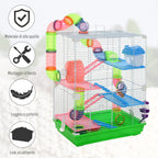 PawHut 5-Tier Hamster Cage with Handle with Colorful Tubes, Hamster Wheel, Ladders, House and Food Accessories, 46x30x58cm - Borgè