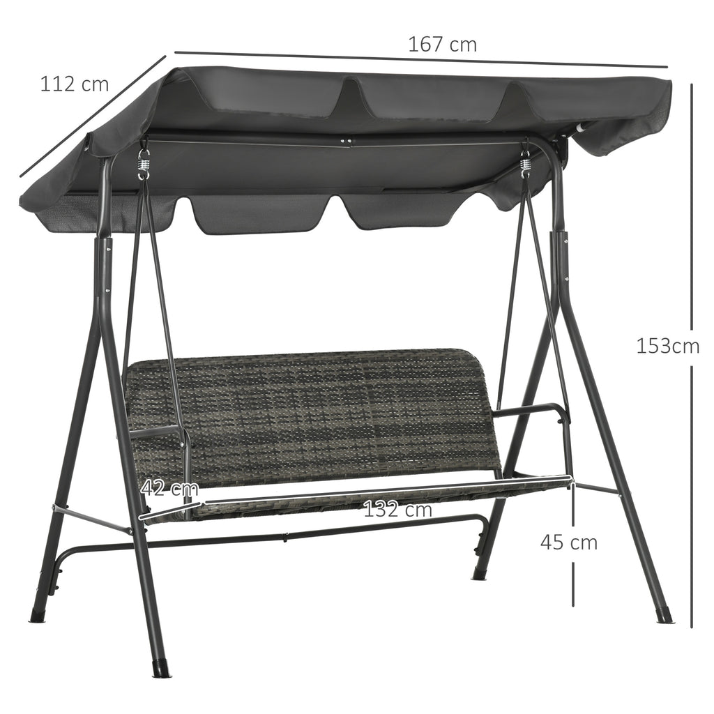 3 Seater Garden Swing with Adjustable Canopy in PE Rattan, 167x112x153cm, Dark Grey
