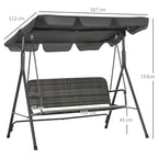 3 Seater Garden Swing with Adjustable Canopy in PE Rattan, 167x112x153cm, Dark Grey
