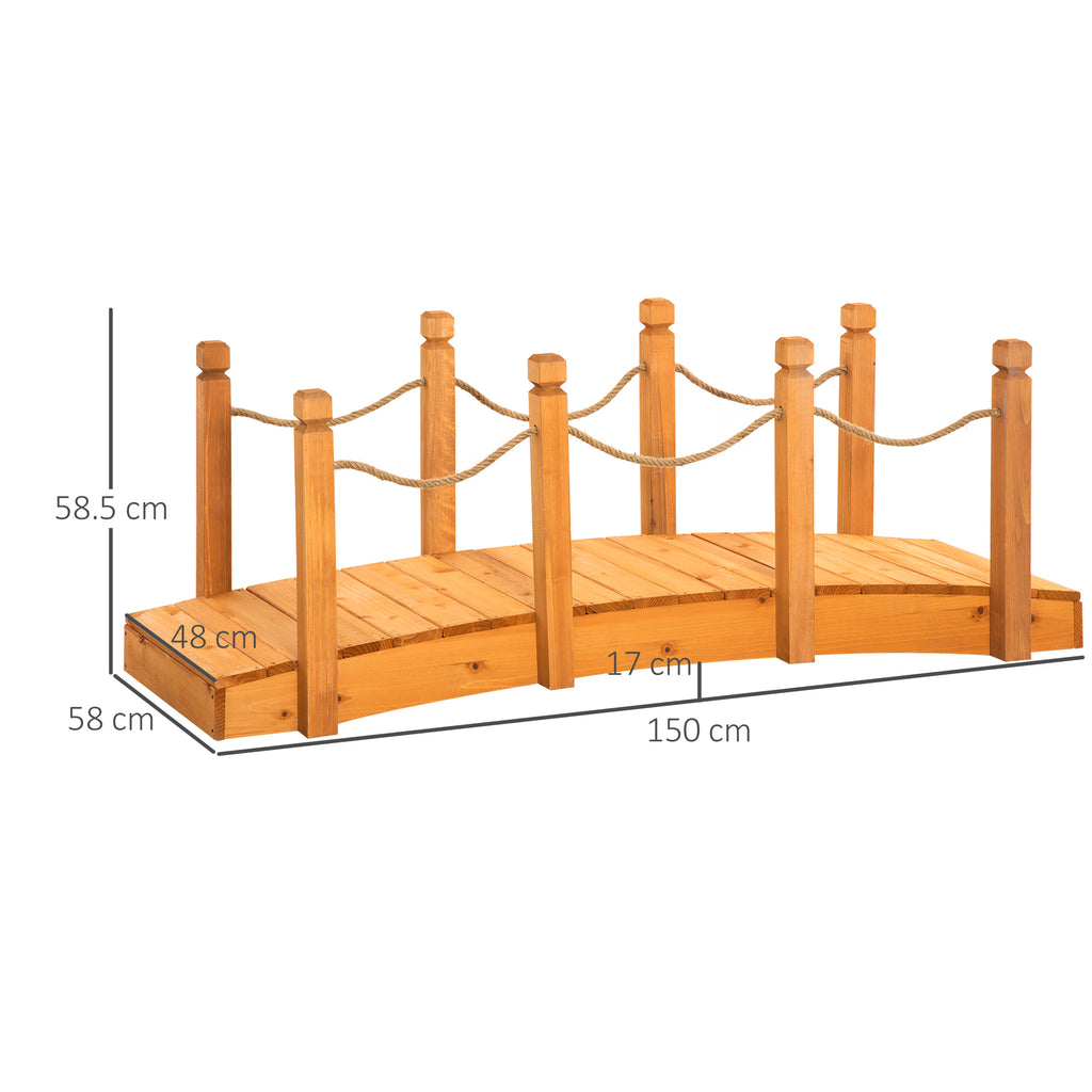 Outdoor Wooden Bridge with Hemp Sides, Fir Wood Structure, 150x58x58.5cm, Orange