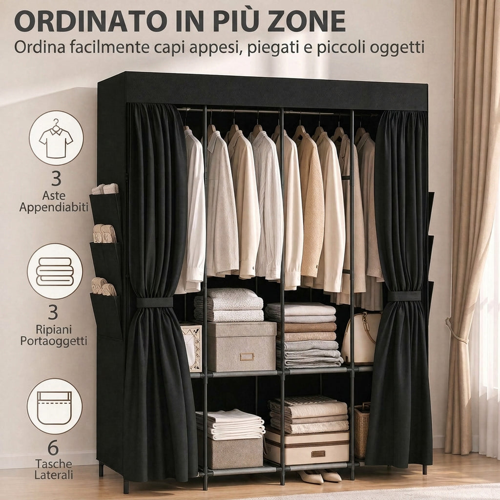 HOMCOM Space-Saving Fabric Wardrobe with 3 Rods, 3 Shelves, 6 Side Pockets, Dustproof Doors with Zip, Black