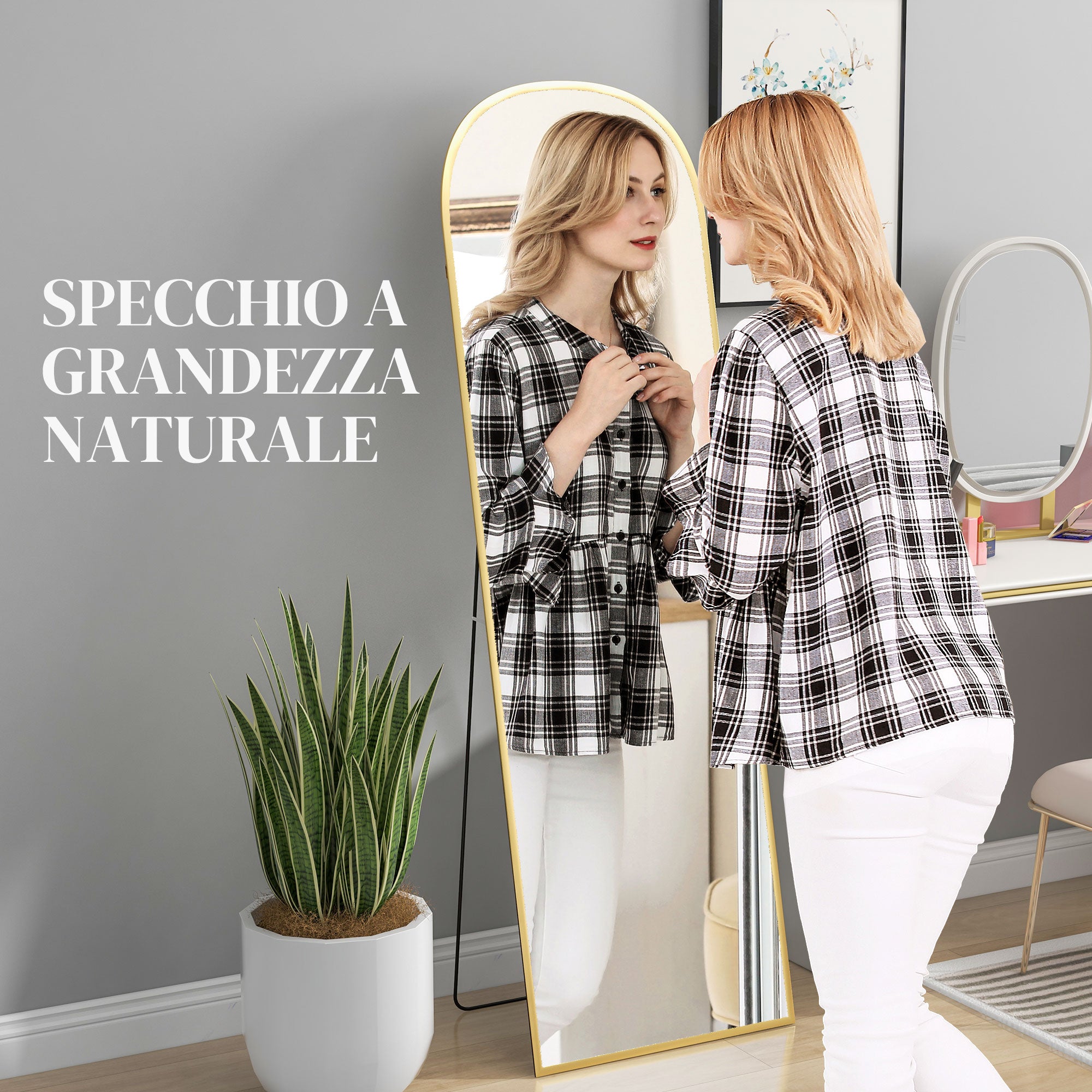 Modern Aluminum Alloy Floor and Wall Mirror with Folding Stand, 50x161.5 cm, Gold