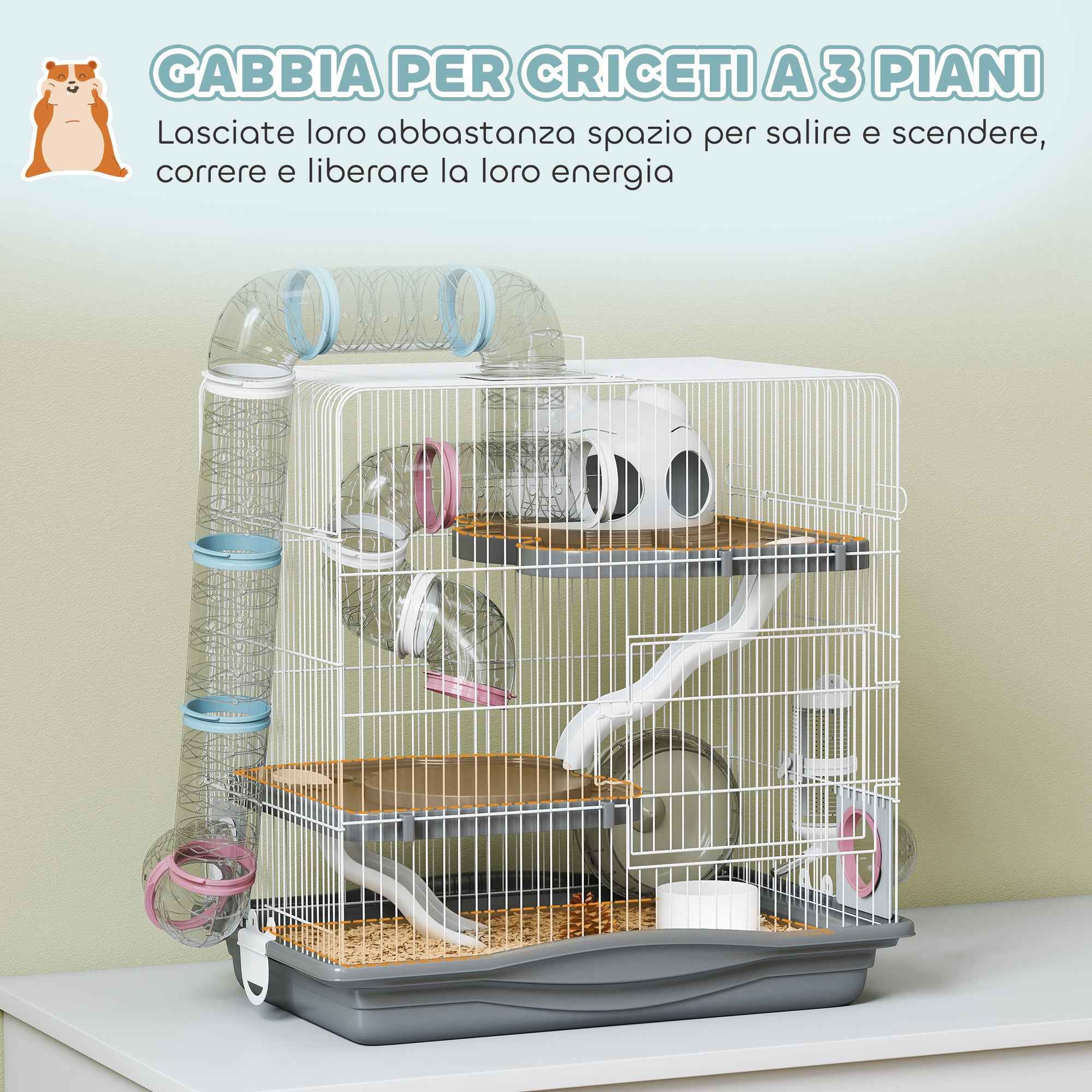 PawHut 3-Tier 14-Tube Hamster Cage with House, Ramp, and Accessories, Metal and Plastic, 45x30x45 cm, Grey