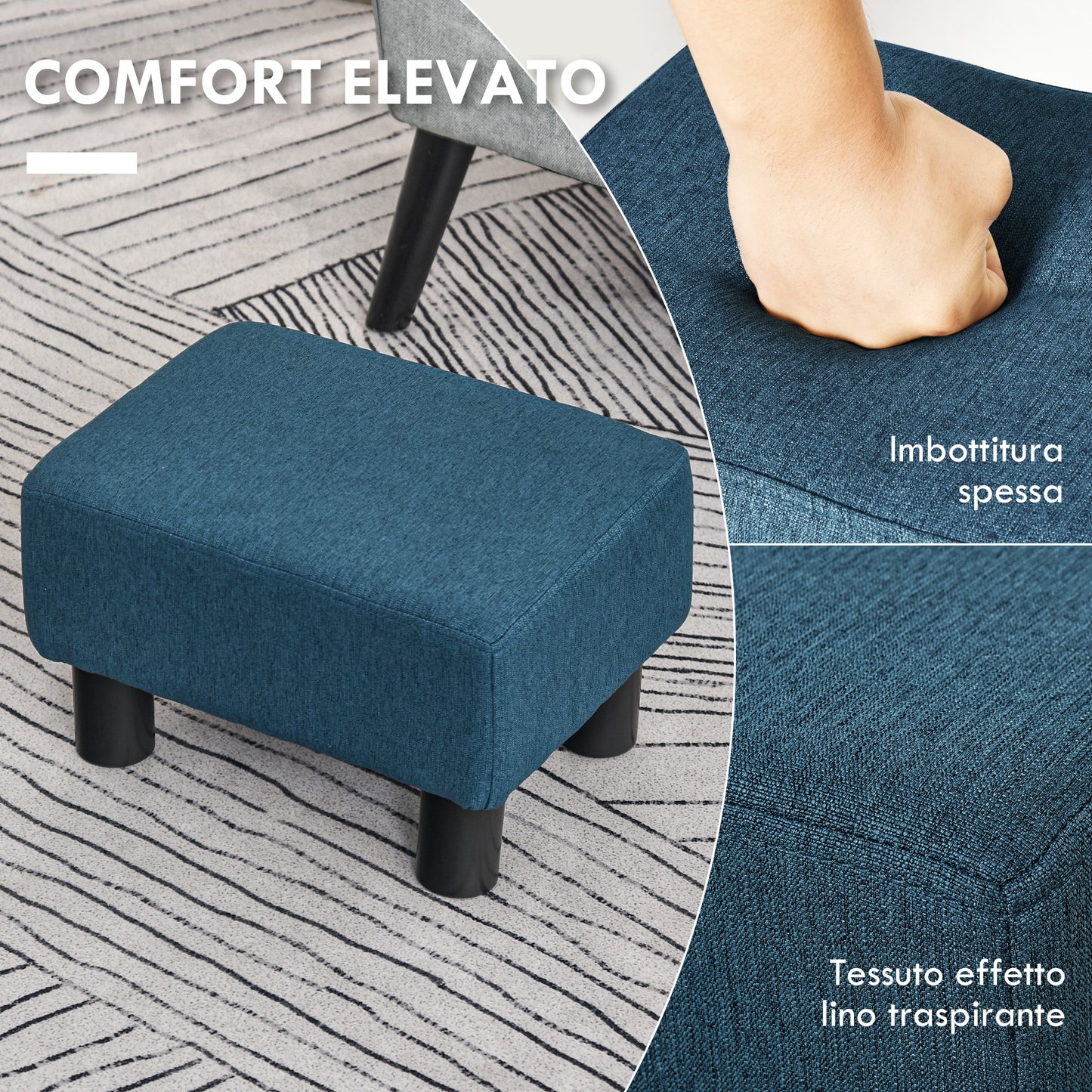 Rectangular Padded Footstool Pouf in Polyester and Plastic, 40x30x24 cm, Dark Blue