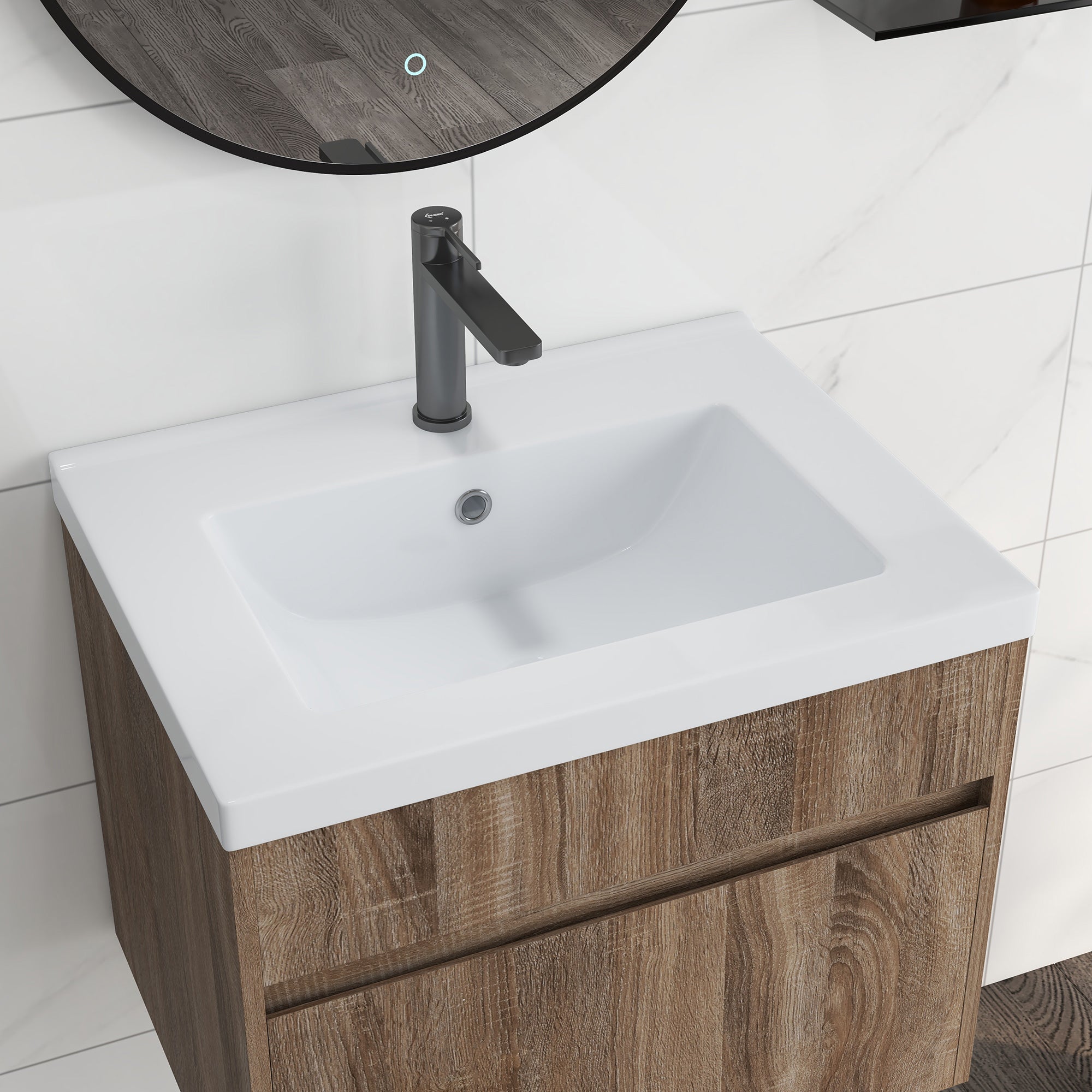60cm Vanity Unit with Wooden Drawer and Ceramic Sink, Light Brown