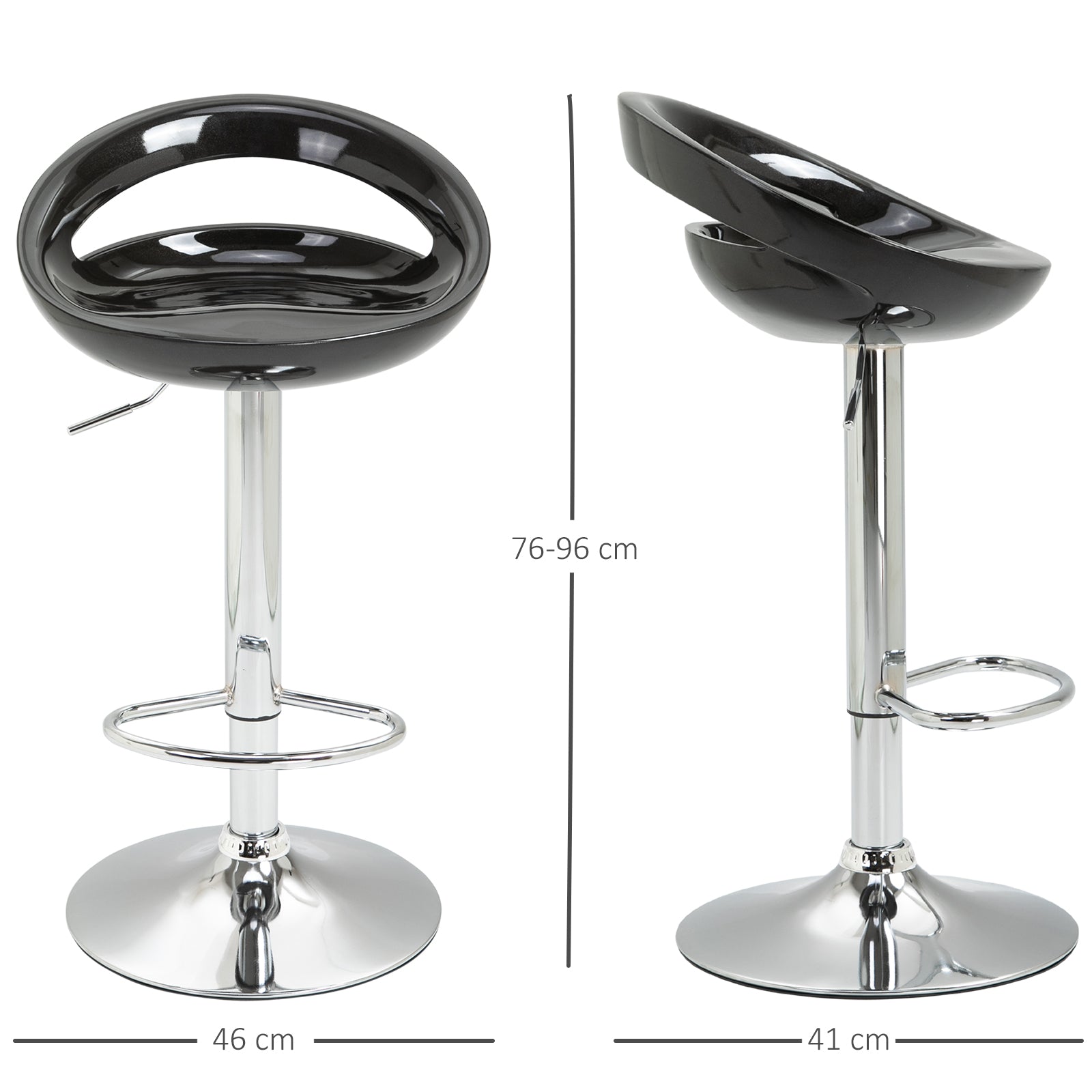 Homcom Set 2 swivel tall bar stools with back and footrest, adjustable height base in steel sitting in black ABS, for dining room and kitchen, 46x41x76-96cm - Borgè