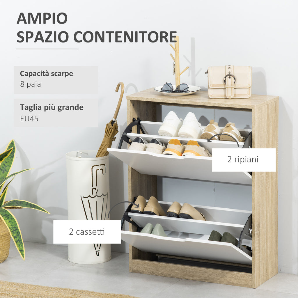 Space Saving Slim 2 Drawer Shoe Cabinet for 8 Pairs of Shoes 62.5x26x81 cm, Wood and White