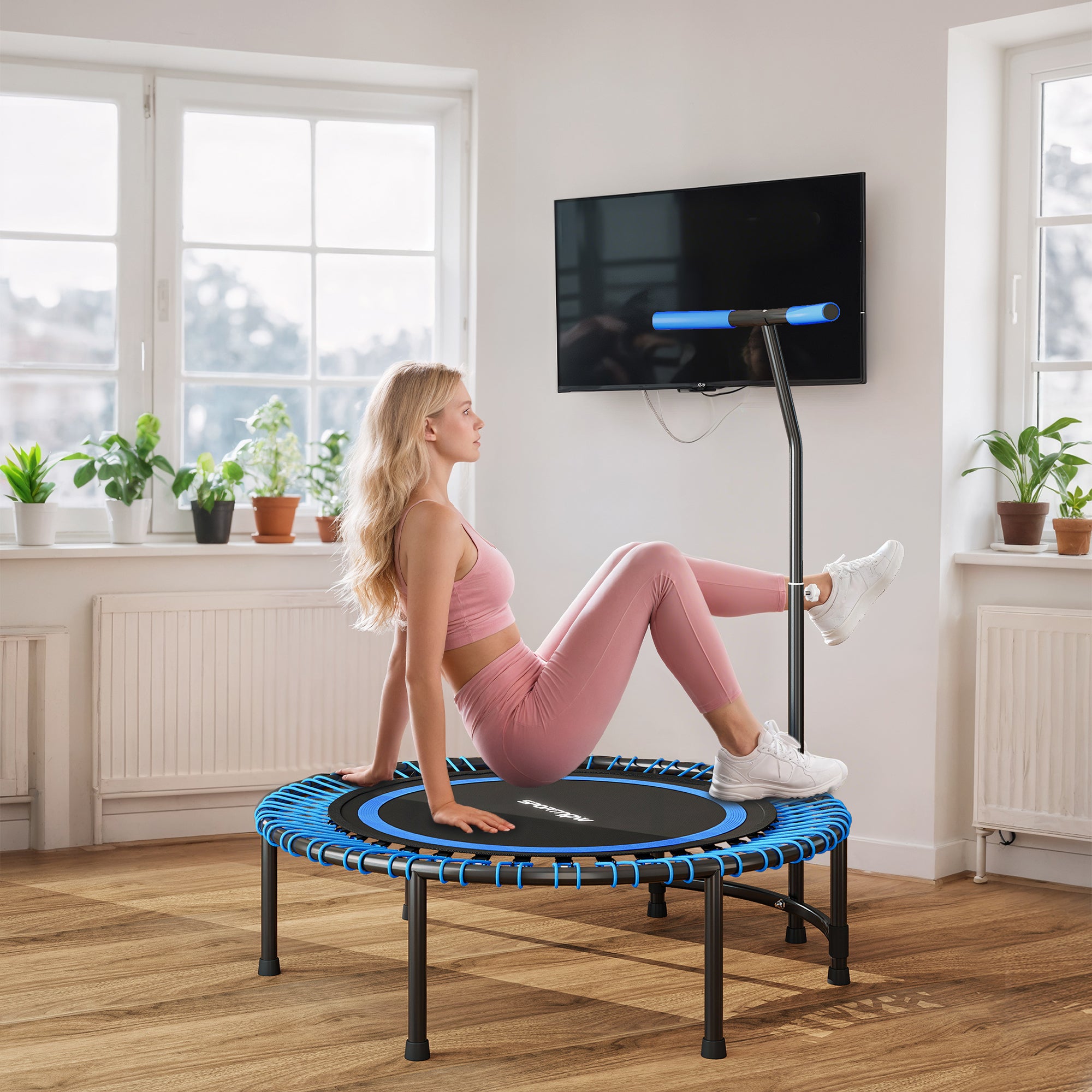 Fitness Trampoline Ø145 cm with 5-Position Adjustable Handlebar, 36 Bungee Springs and 150 kg Capacity, Blue