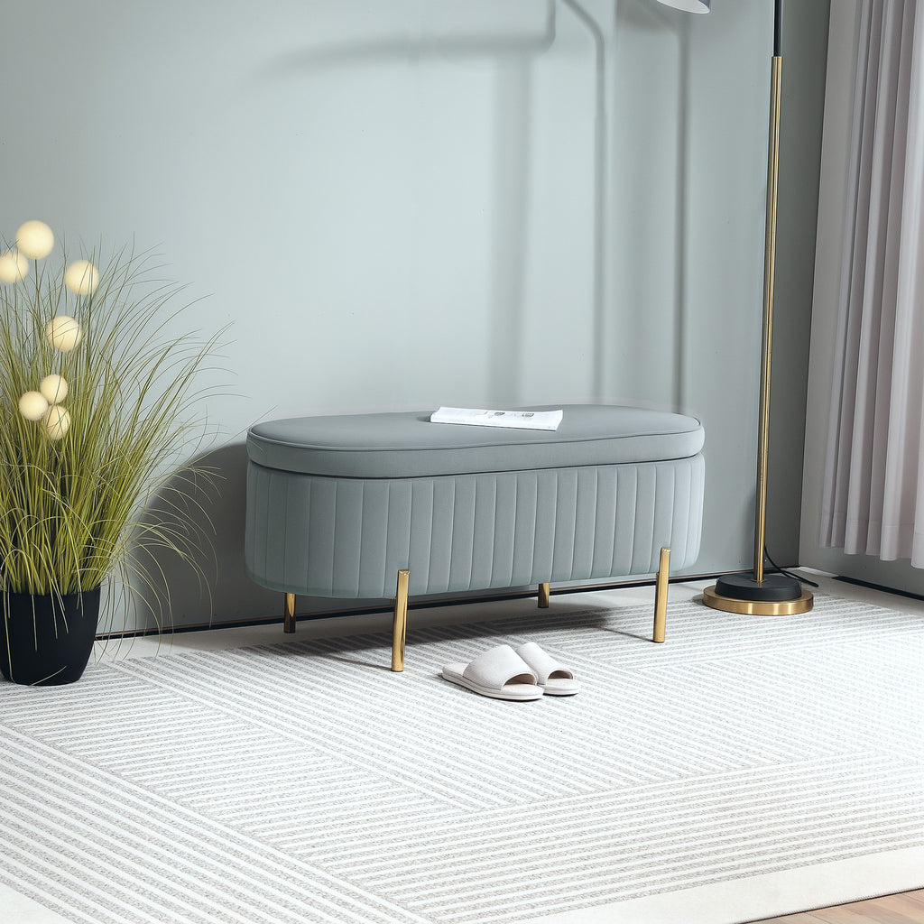 72L Oval Storage Bench with Lift-Top Lid, Velvet Fabric and Wood, 108x44x43.5 cm, Grey