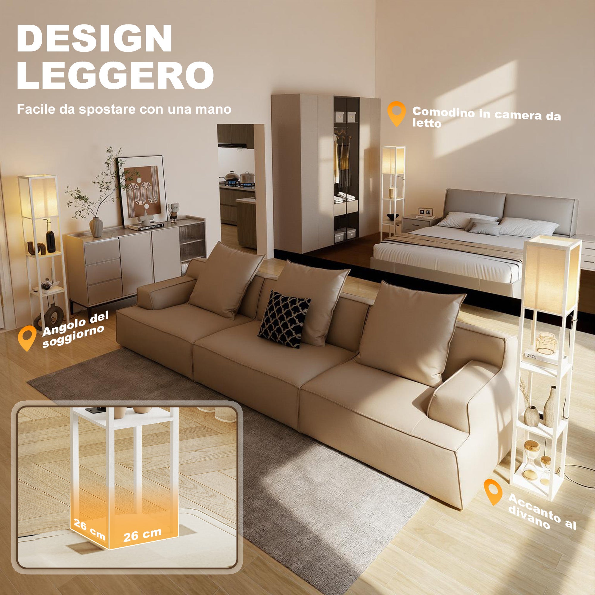 Floor Lamp with Shelves, Dimmable Light, Foot Switch and USB Ports, White