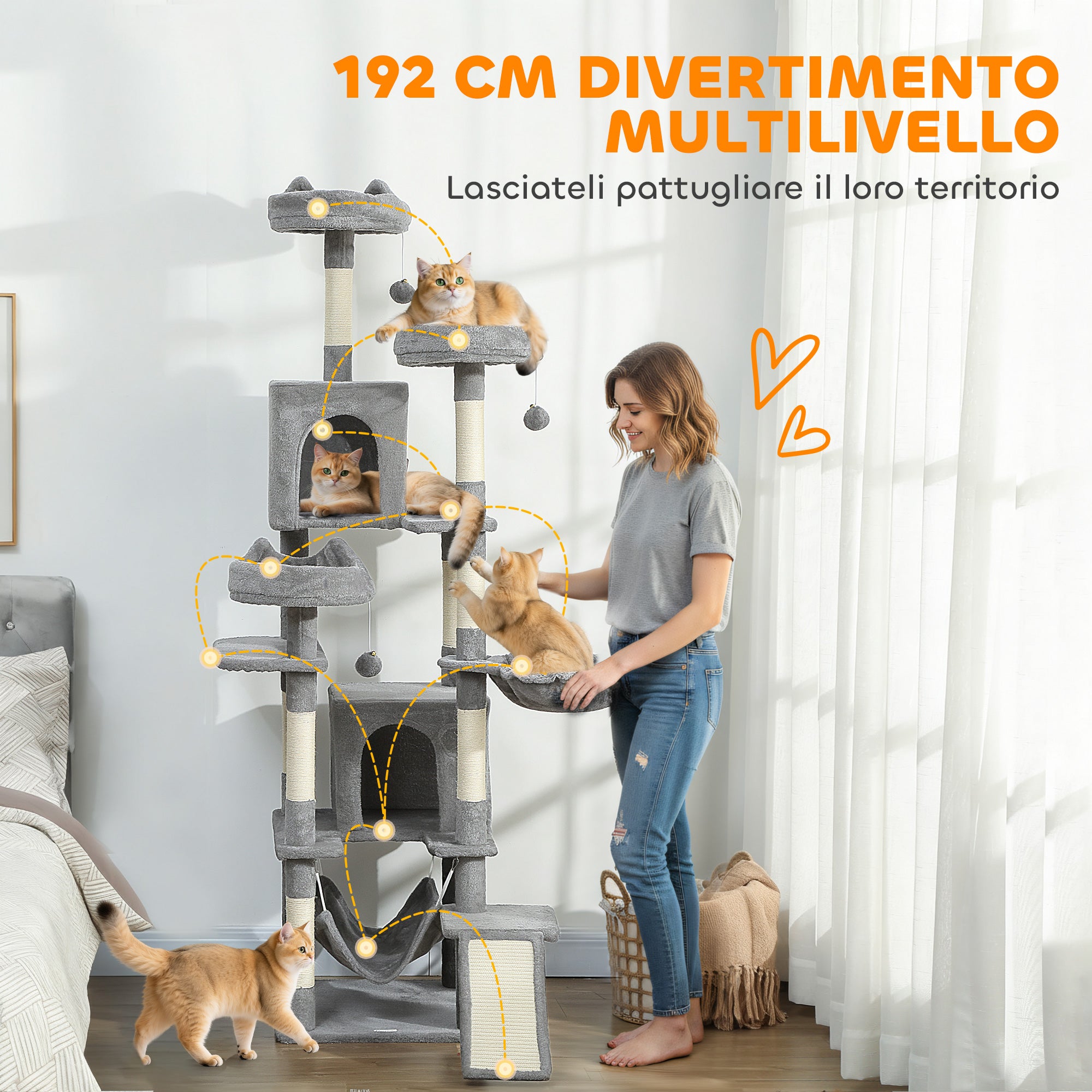 Cat Tree with Ladder, 2 Hammocks, 3 Perches, 2 Houses and 3 Platforms, 48x48x192 cm, Grey and Cream