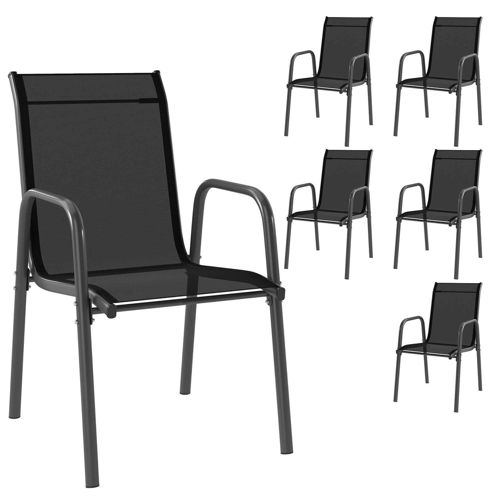 Outsunny Set of 6 Stackable and Breathable Chairs with Armrests and High Backrest, in Metal and Polyester, 51L x 69D x 87H cm, Black