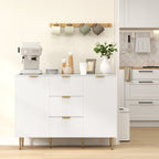 Modern Sideboard with 3 Drawers, 2 Cabinets and Adjustable Shelves, Wood and Metal, White