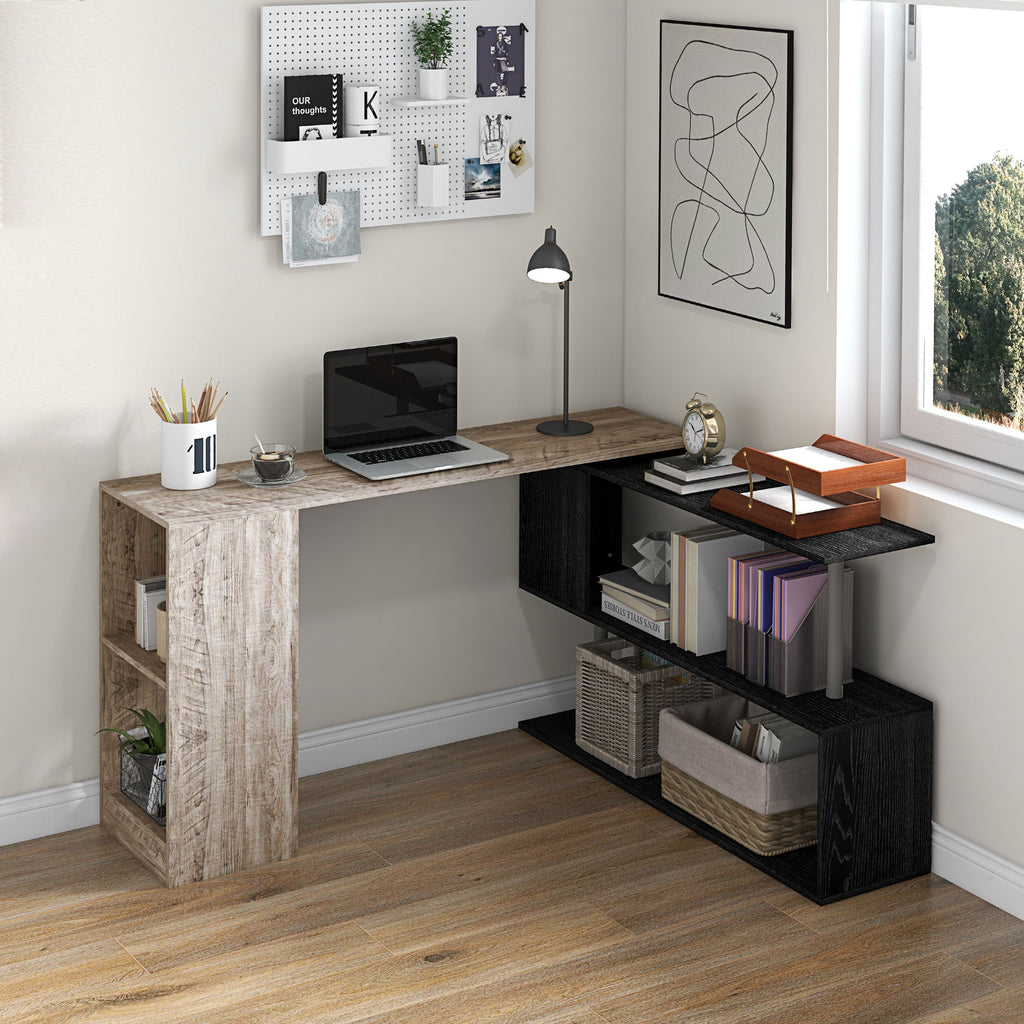 Space-Saving Corner Desk with S-Shaped Shelf, Wooden, 140x120x78 cm, Wood Effect Grey