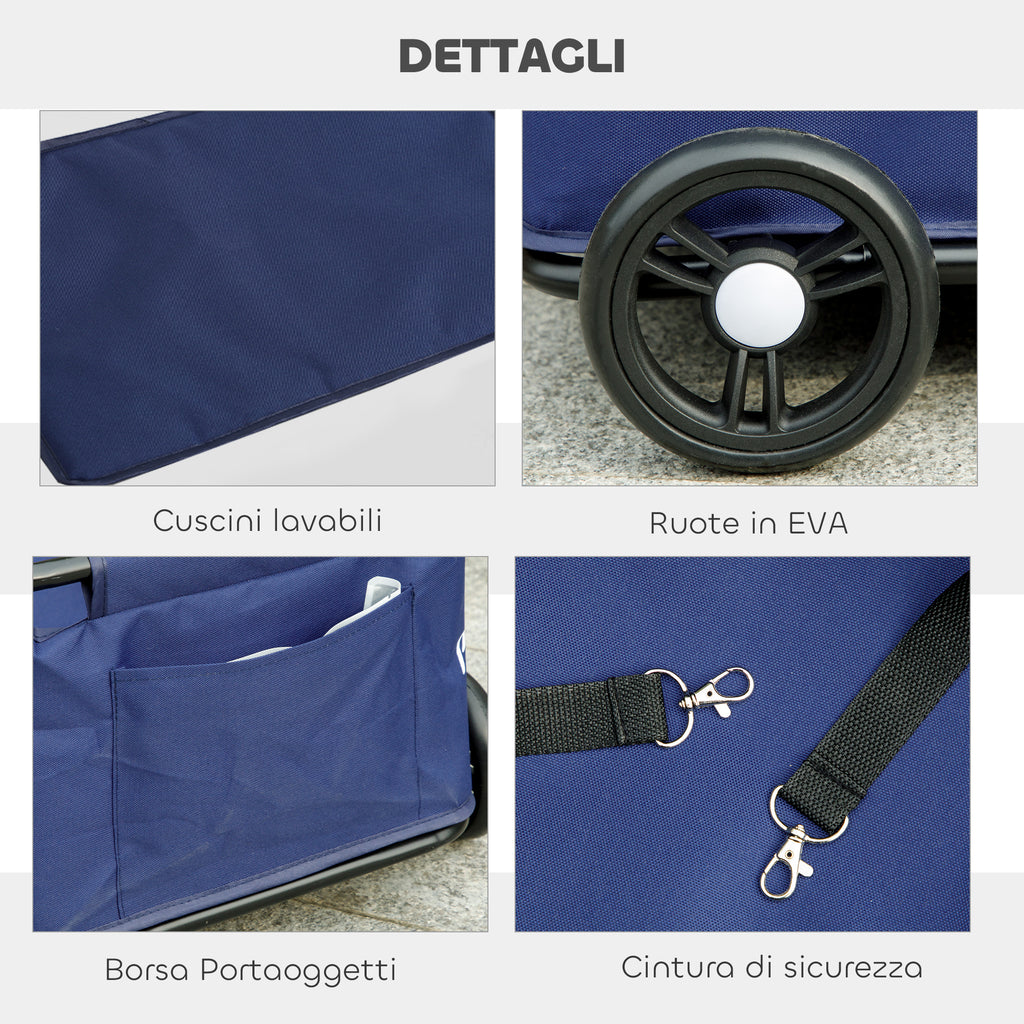 Foldable Dog Stroller with Bag and Cushion, in Steel and Oxford Fabric, 53x45x28 cm, Dark Blue