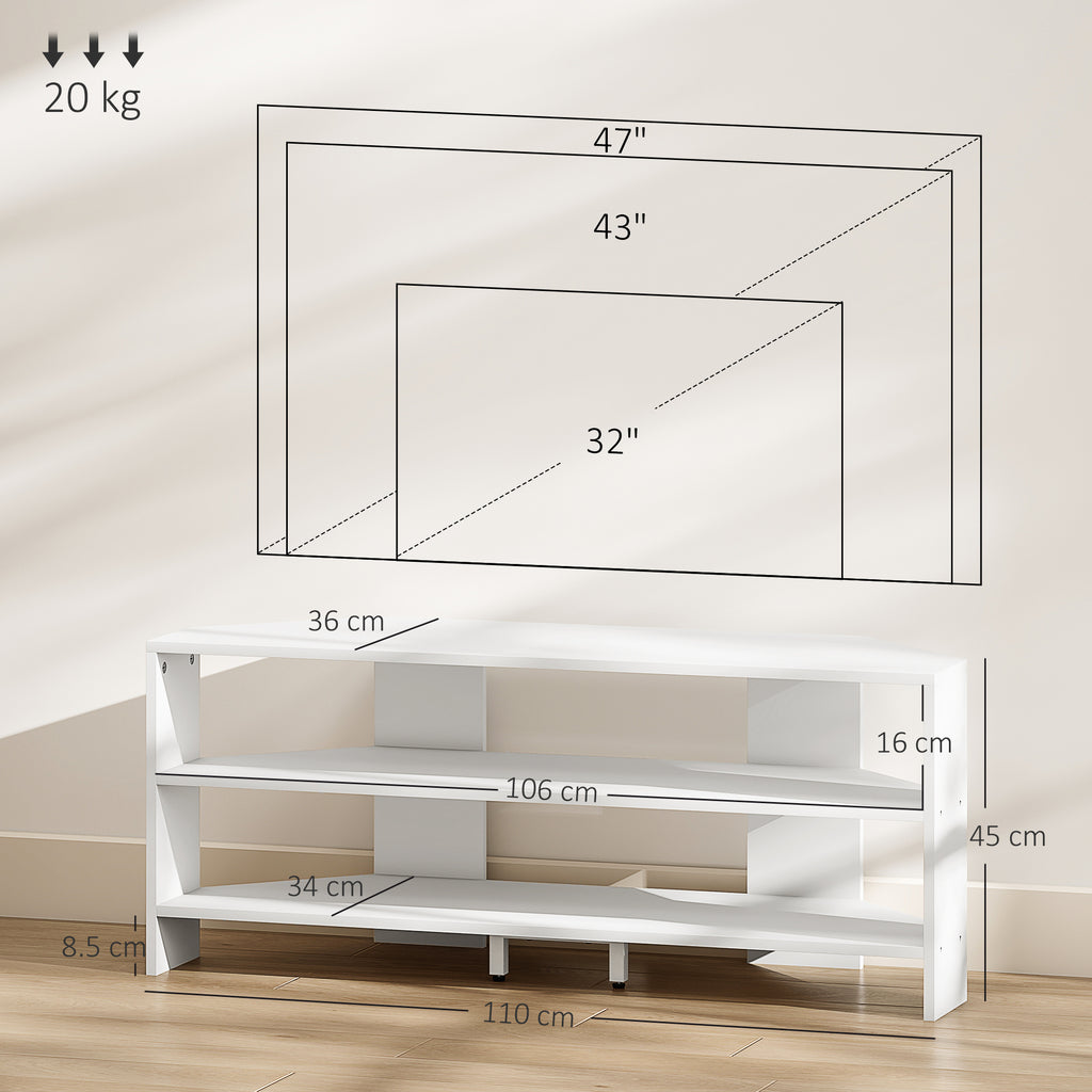 Corner TV Stand for 47" Max with 2 Open Shelves, Wooden, 110x36x45 cm, White