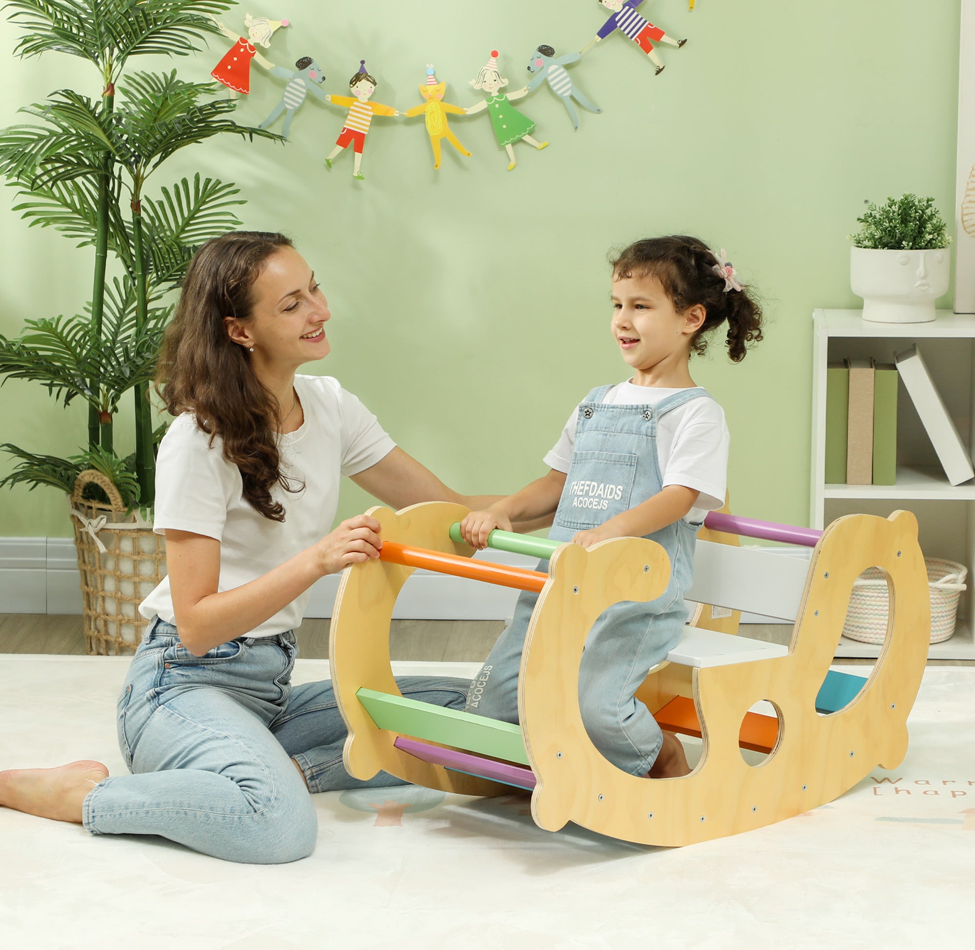 Children's Game 2 in 1 Montessori Arch and Rocking Chair for Indoor Use, in Pine Wood, 91x41x48 cm