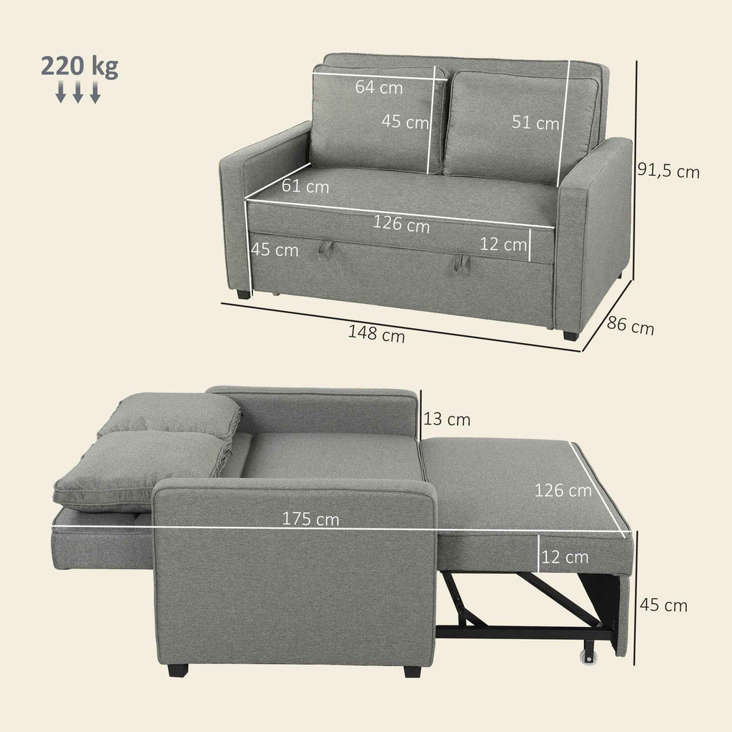 HOMCOM 3-in-1 2-Seater Sofa Bed with 3-Position Adjustable Backrest and 2 Cushions, Linen-Effect Fabric, Grey