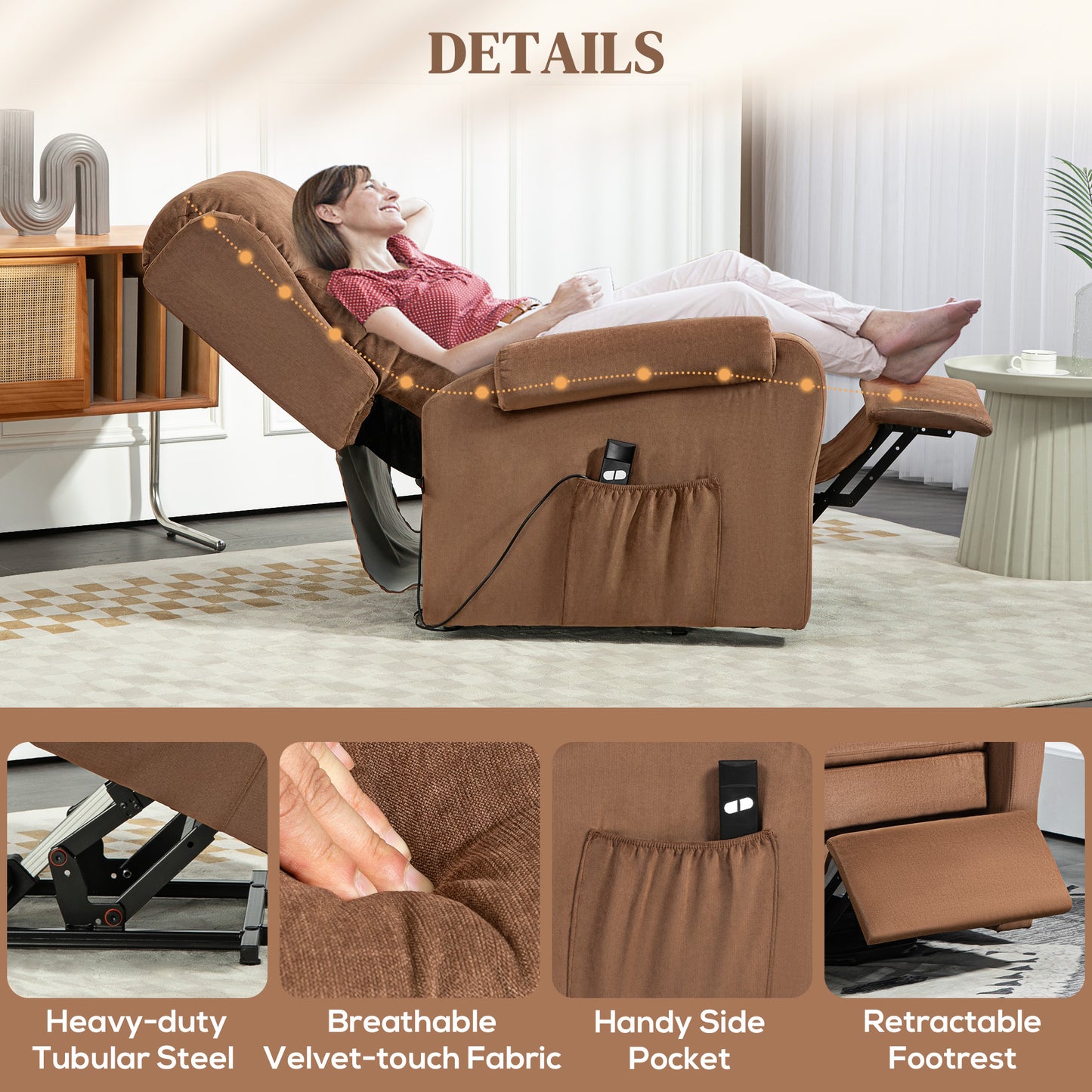 Lifting Armchair 160° Reclining with Footrest and Remote Control, Velvet, 85x88x109 cm, Brown