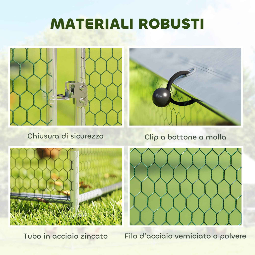 PawHut Outdoor Chicken Coop with Waterproof Roof and Lock, Galvanized Steel, 2.8 x 3.4 x 1.9 m, Silver
