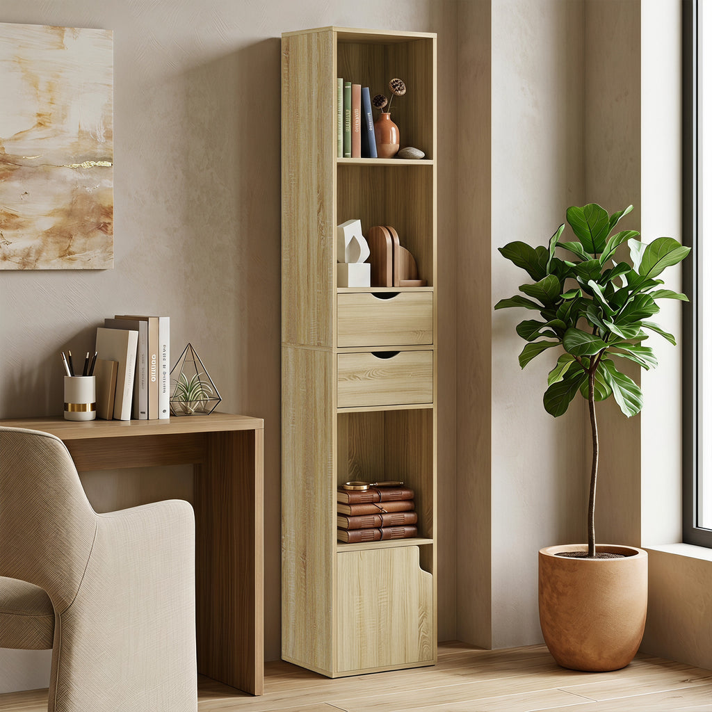 HOMCOM 6-Tier Bookcase with Drawer, Door, Open Shelves, 30x24x158 cm, Oak