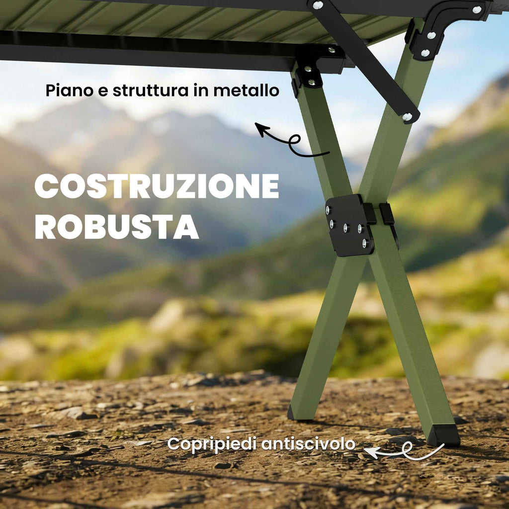 Outsunny 116cm Folding Camping Table, Waterproof Picnic Table with Roll-Up Top and Metal Frame, Portable for Garden, Park, BBQ, Green