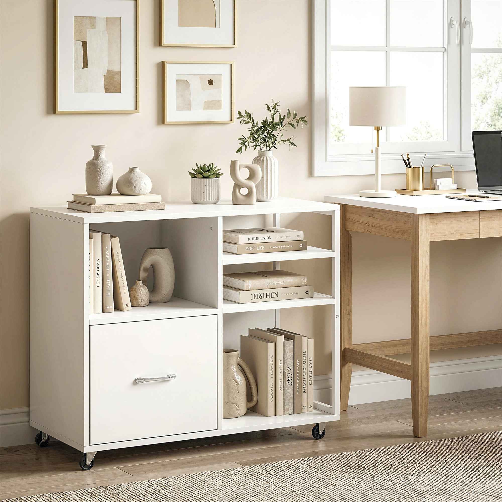 HOMCOM A4 Printer Table with Wheels and Drawer for Home and Office