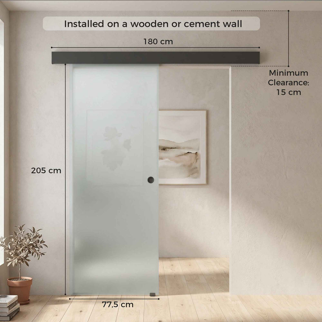 HOMCOM Sliding Door in Sandblasted Tempered Glass with Silent Track and Guide, 77.5x205 cm, Transparent