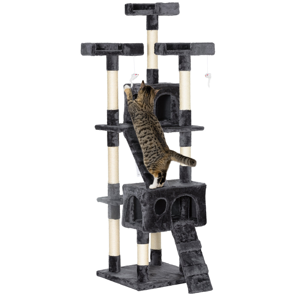 Cat Scratching Tree with 3 Perches, 2 Houses and Hanging Toys, Made of Wood and Plush, 49x49x173 cm, Grey