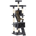 Cat Scratching Tree with 3 Perches, 2 Houses and Hanging Toys, Made of Wood and Plush, 49x49x173 cm, Grey