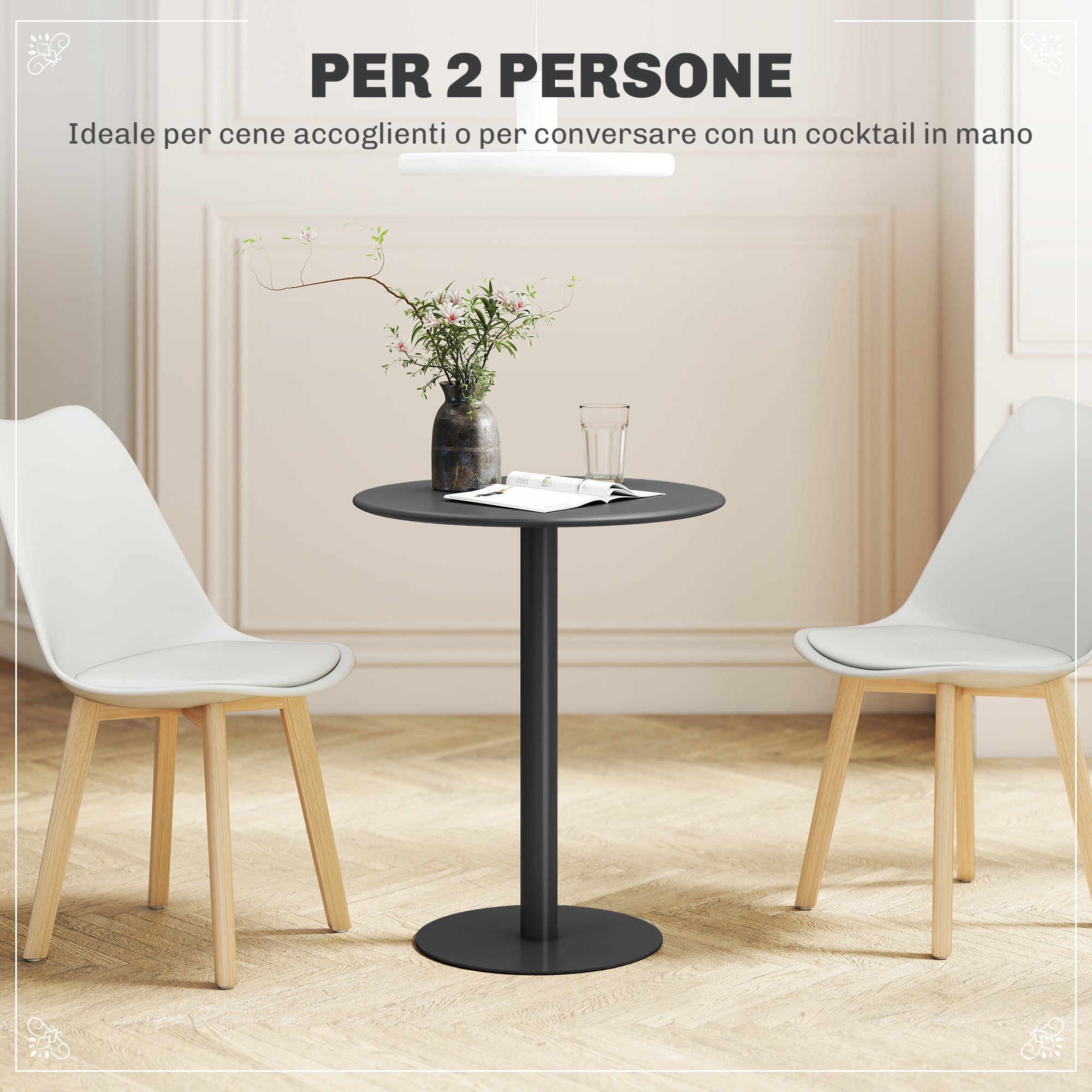 Round Kitchen Table for 2 People with a Modern Design in Steel, Ø60x72 cm, Black