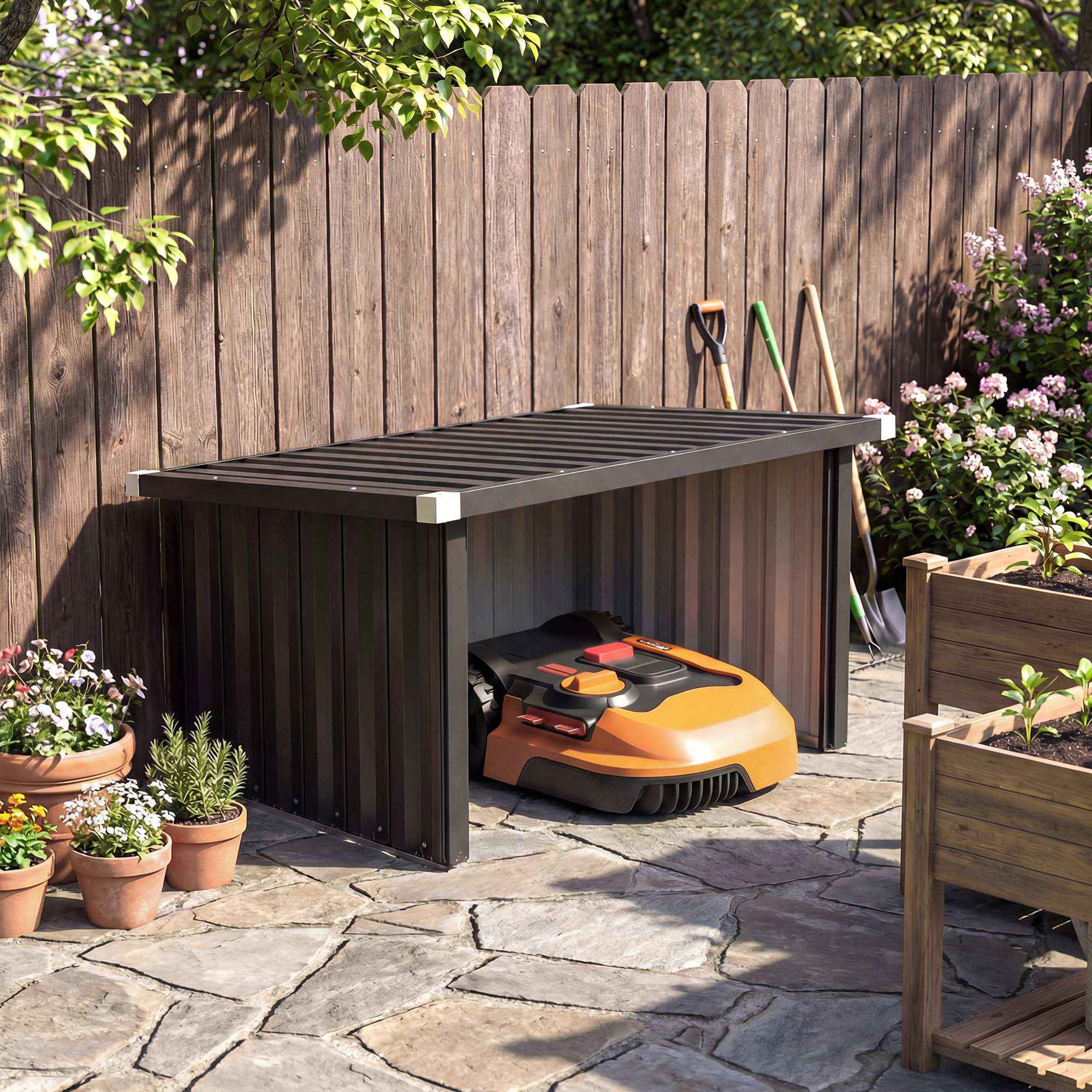 Outsunny Garage for Robot Lawn Mower with Sloped Steel Roof, 108x86x62.5 cm, Dark Grey