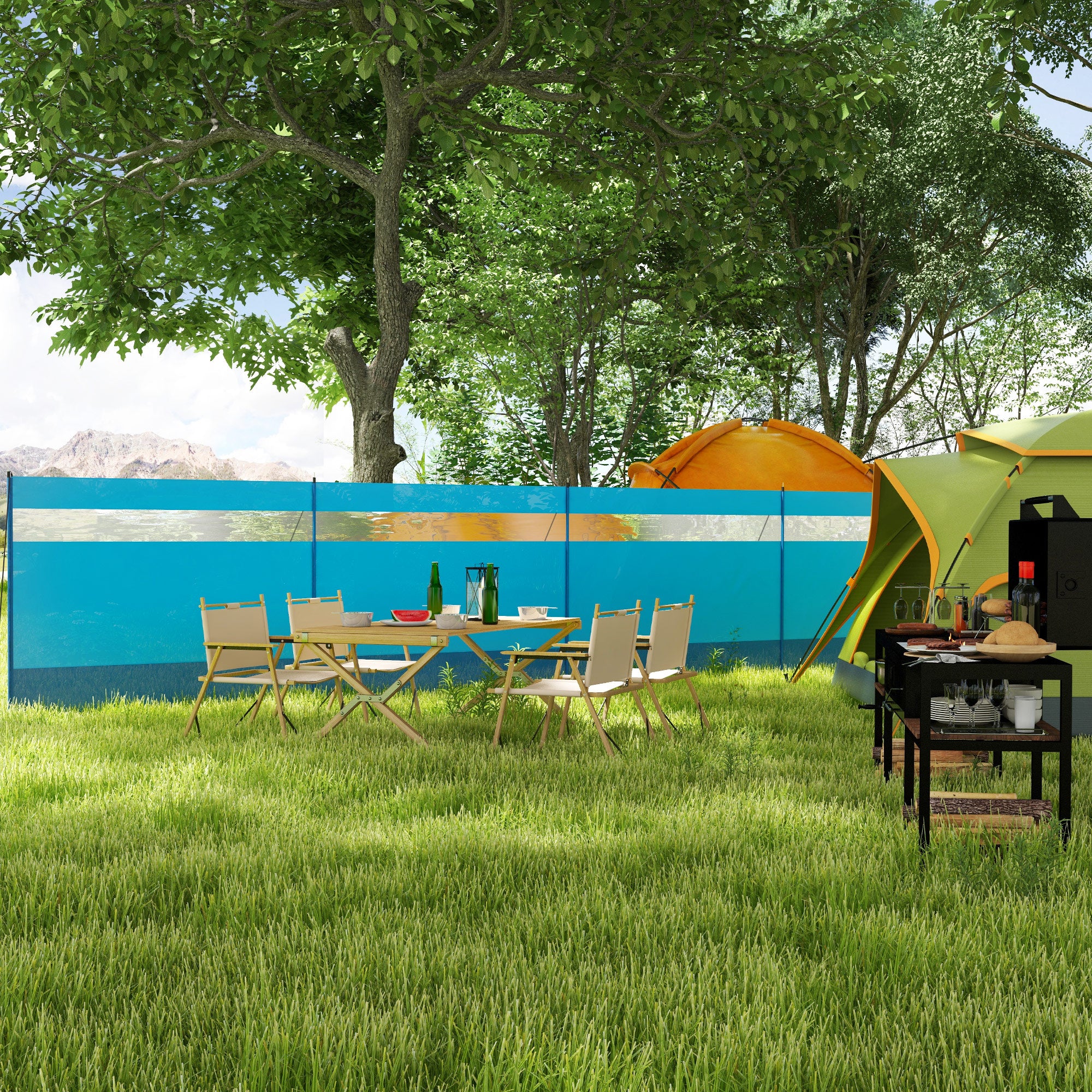 Folding Beach Screen Privacy Screen in Polyester with Steel Bars, 725x140 cm, Light Blue