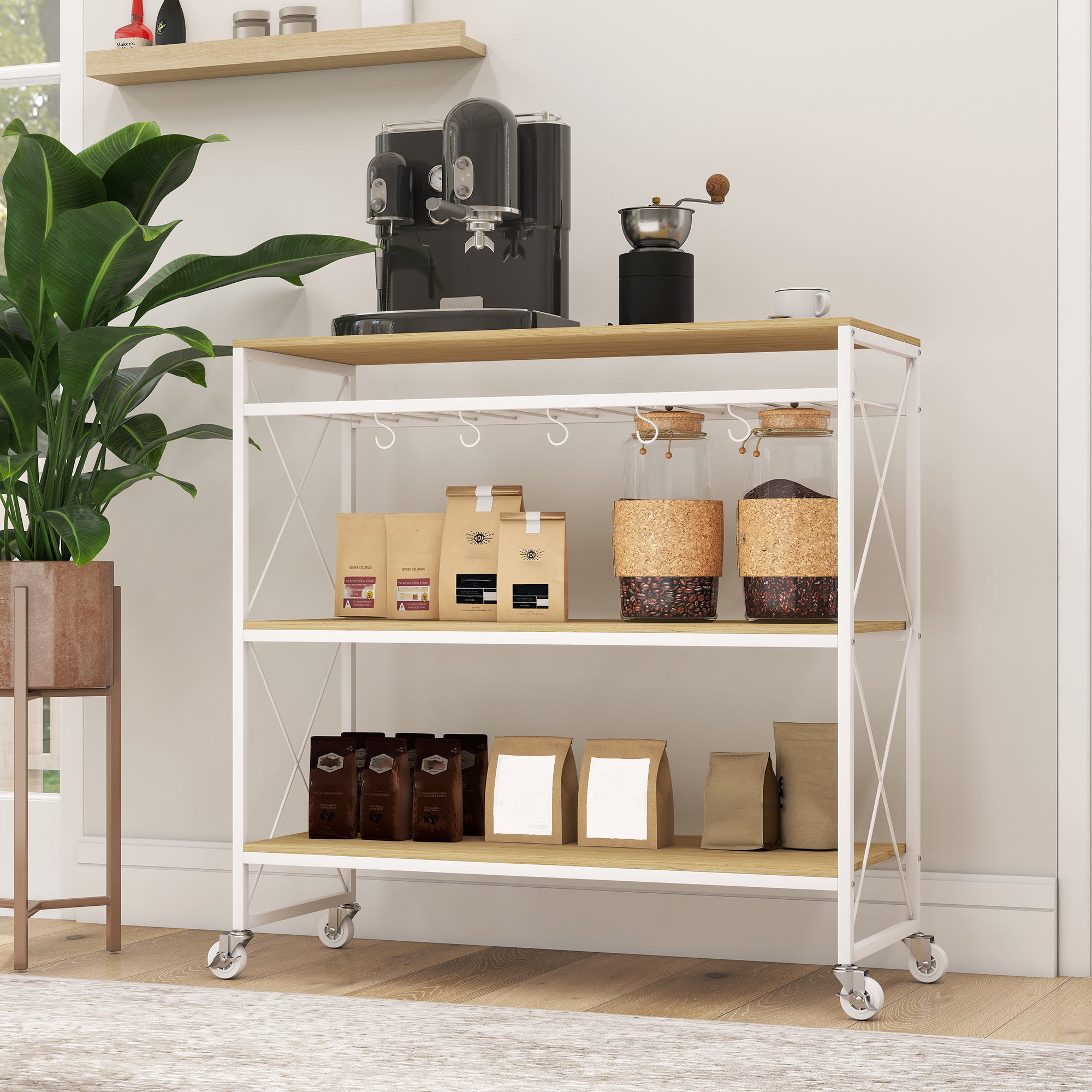 4-Tier Serving Trolley with Bottle Holder and 5 Removable Hooks, Wood and Metal, 96.5x38x96.7 cm