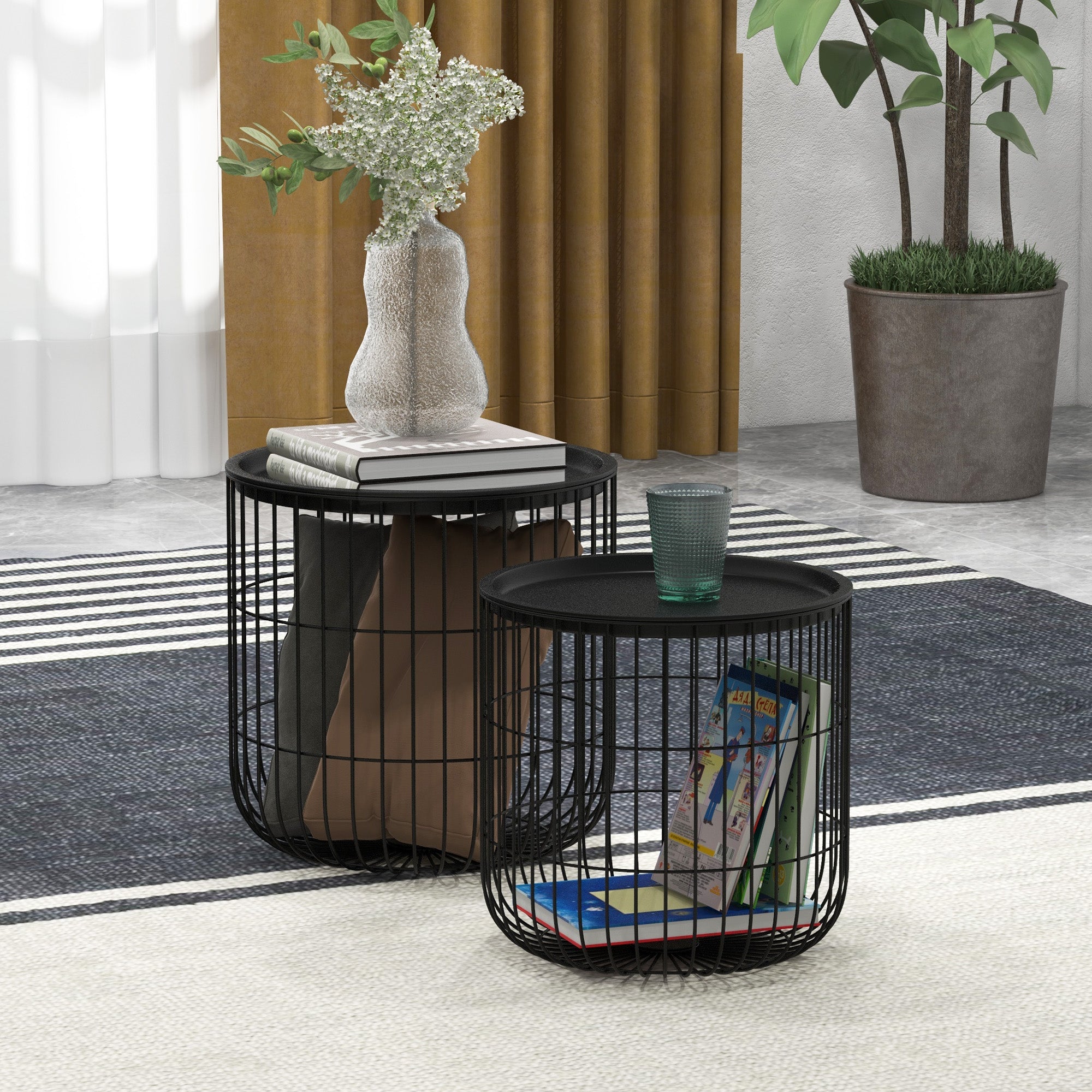 Homcom Set 2 Tavolini di Living Rooms Retondi steel with container compartment, black - Borgè