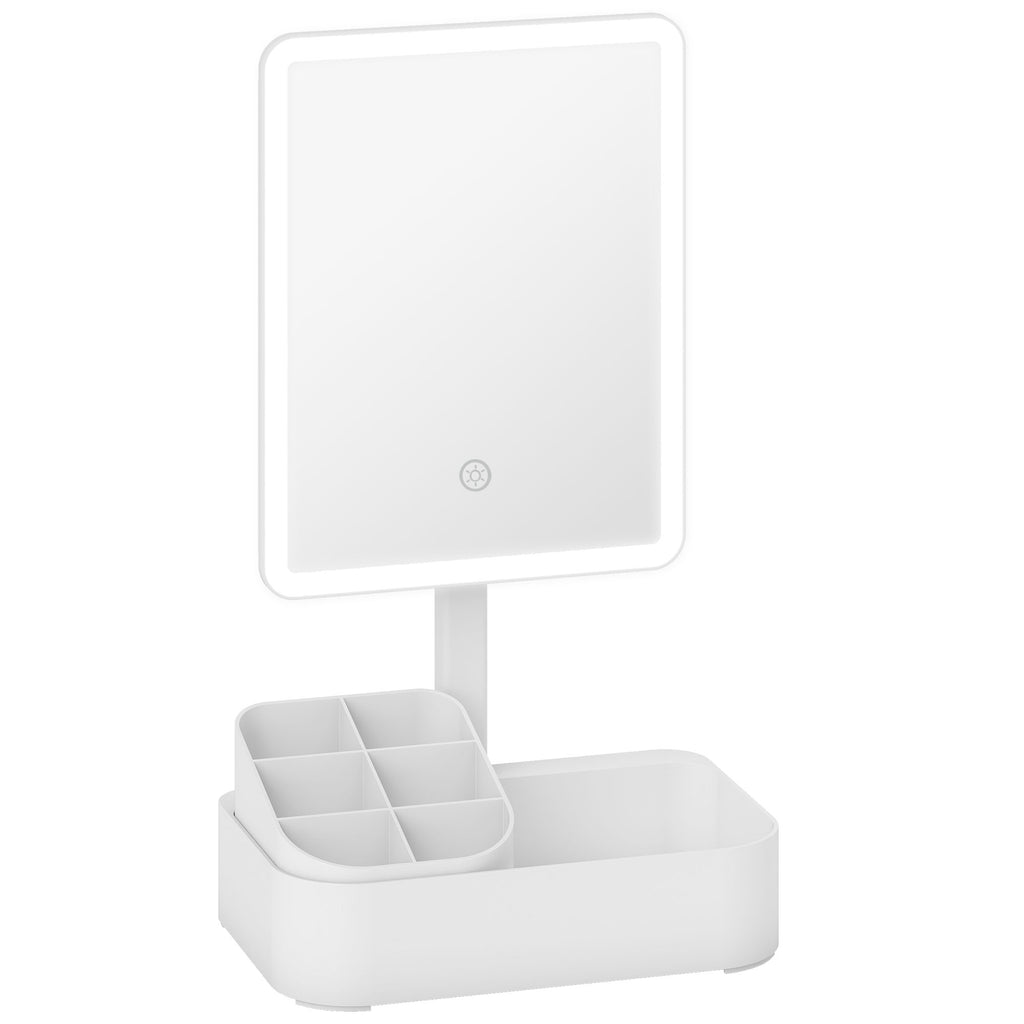 HOMCOM Makeup Mirror with 2-Level Adjustable Light, 180° Rotation and Makeup Organizer, White