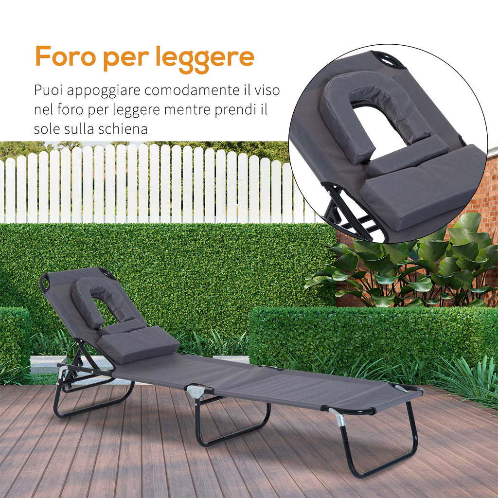 Outsunny Folding Outdoor Lounger with Face Hole and Cushions, Garden Sun Lounger, Beach and Camping, Grey